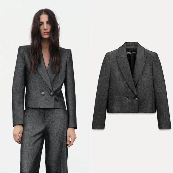 Zara Jackets & Blazers - NWT Zara Grey Crop Blazer Short Shiny Size XS